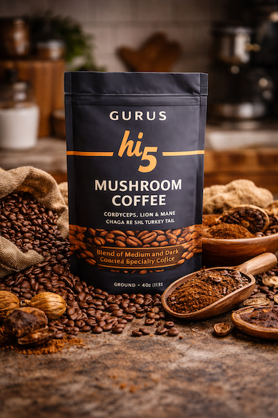 Gurus hi5 mushroom coffee with dark roasted coffee beans and functional mushrooms in a kitchen setting