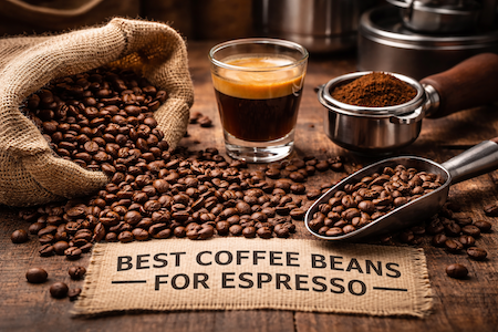 Espresso coffee beans with a fresh espresso shot and portafilter on a wooden table